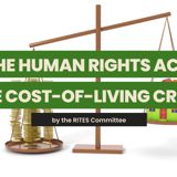 Image of scales weighing up house and stack of coins with text reading: "The Human Rights Act & the Cost-of-Living Crisis by the RITES Committee"